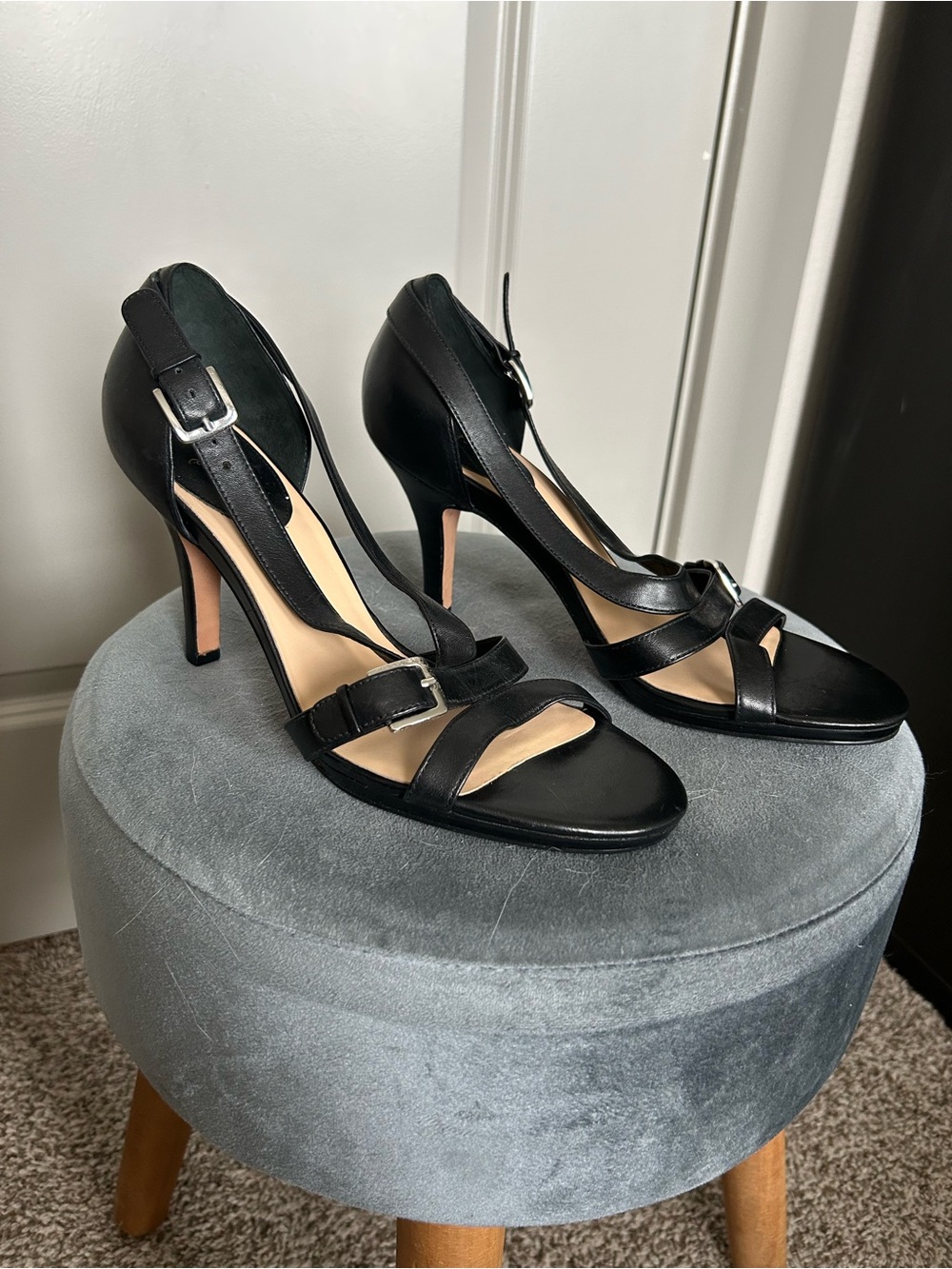 Cole Haan Black Leather Buckle Strap High Heels - Picture 2 of 4